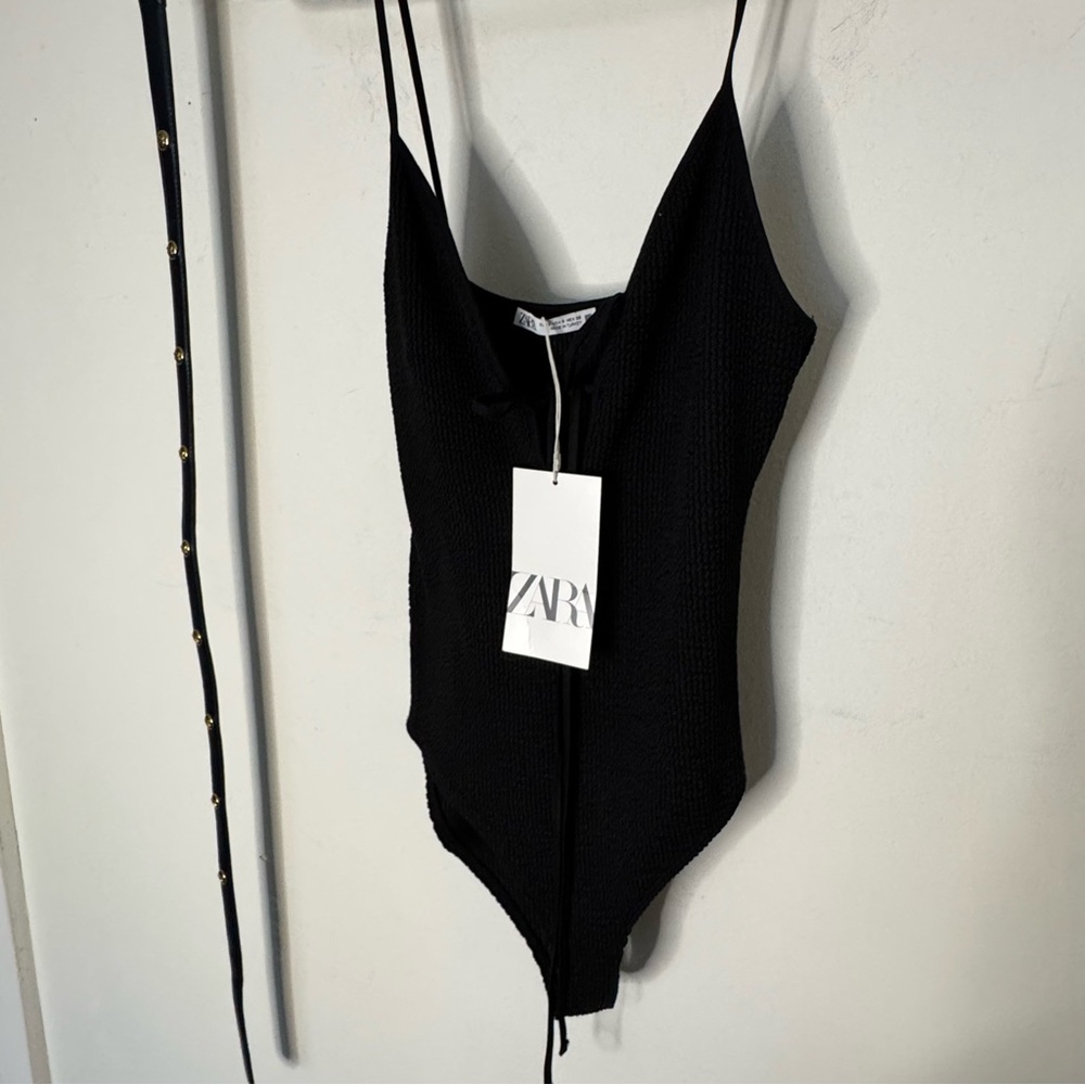 Zara Black Ribbed Tie Front Cami Bodysuit NWT Size S